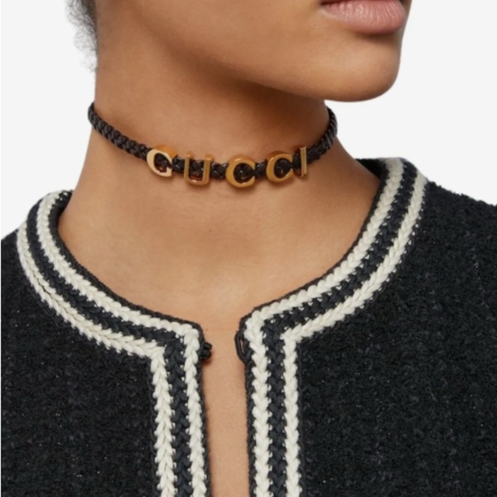 NEW Gucci braided leather choker Necklace w/gold tone brass logo